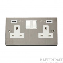 Click Deco VPSS780WH 13A 2 Gang Switched Socket Outlet With Twin USB (Total 4.2A) Outlets Stainless Steel