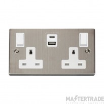 Click Deco VPSS786WH 13A 2 Gang Switched Socket Outlet With Type A & C USB (4.2A) Outlets Stainless Steel