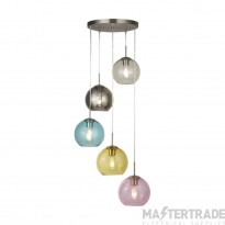 Searchlight Mardi Gras 5 Light Cluster Pendant In Satin Silver With Coloured Glass