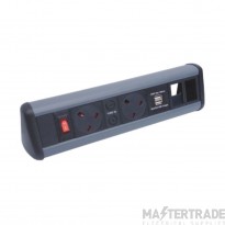 Tass Power Unit Desktop 2xSocket 2xUSB Ports c/w Master On/Off Neon Switch 2x5A 200x80x66mm Dark Grey/Black