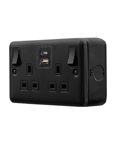 Click MetalClad Pro Matt Black 13A 2 Gang Switched Socket Outlet With Type A & C USB (4.2A) Outlets
