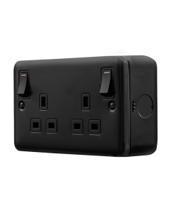 Click MetalClad Pro Matt Black 13A 2 Gang Double Pole Switched Socket Outlet With Outboard Rockers & LEDs