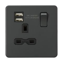 Knightsbridge SFR9124AT 13A 1G SP Switched Socket with Dual USB A+A (5V DC 2.4A shared) - Anthracite with Black Insert