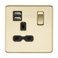 Knightsbridge SFR9124PB 13A 1G SP Switched Socket with Dual USB A+A (5V DC 2.4A shared) - Polished Brass with Black Insert