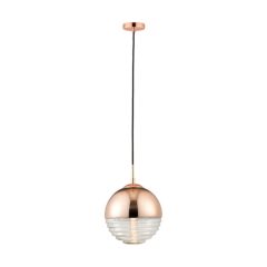 Endon Paloma 1 Light Ceiling Pendant In Copper And Clear Ribbed Glass