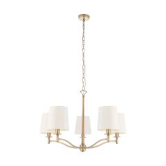 Endon 70245 Ortona Five Light Ceiling Pendant In Matt Antique Brass And White Faux Silk Shades