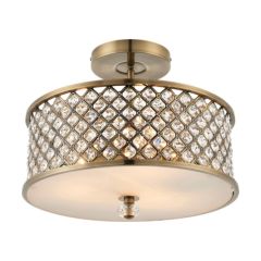 Endon Hudson 3 Light Semi Flush Ceiling In Antique Brass With Clear Crystal Glass