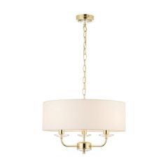 Endon 70560 Nixon 3 Light Ceiling In Brass With Crystal And Vintage White Faux Silk Shade