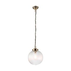 Endon Brydon 1 Light Ceiling Pendant In Clear Ribbed Glass And Antique Brass Diameter: 250mm