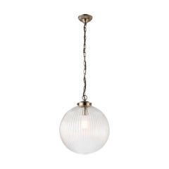 Endon 71124 Brydon 1 Light Ceiling Pendant In Ribbed Glass And Antique Brass Large- Diameter: 350mm