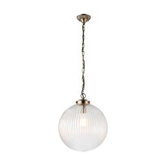 Endon Brydon 1 Light Ceiling Pendant In Ribbed Glass And Antique Brass Large- Diameter: 350mm