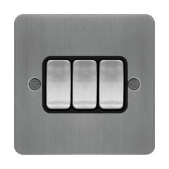 Hager WFPS32BSB Sollysta Plate Switch 3 Gang 2 Way c/w Black Insert 10AX Brushed Steel