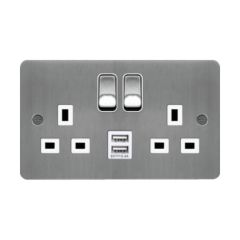 Hager WFSS82BSW-USBS Sollysta Socket 2 Gang DP Switched Dual Earth c/w 2x2.4A USBs & White Insert 13A Brushed Steel