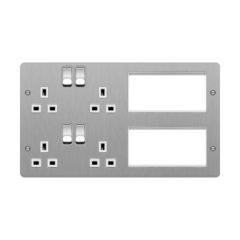 Hager WFTVLPBSW Sollysta Media Plate 2x2Gang Socket&2x4 Euromod Cut-Outs c/w White Insert for TV/Power&Data Brushed Steel