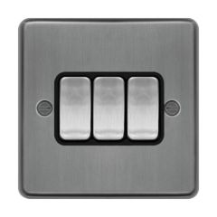 Hager WRPS32BSB Sollysta Plate Switch 3 Gang 2 Way c/w Black Insert 10AX Brushed Steel