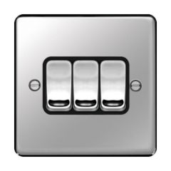 Hager WRPS32PSB Sollysta Plate Switch 3 Gang 2 Way c/w Black Insert 10AX Polished Steel