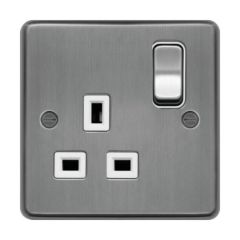 Hager WRSS81BSW Sollysta Socket 1 Gang DP Switched c/w White Insert 13A Brushed Steel