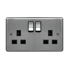 Hager WRSS82BSB Sollysta Socket 2 Gang DP Switched Dual Earth c/w Black Insert 13A Brushed Steel