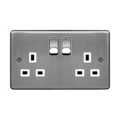 Hager WRSS82BSW Sollysta Socket 2 Gang DP Switched Dual Earth c/w White Insert 13A Brushed Steel