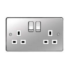 Hager WRSS82PSW Sollysta Socket 2 Gang DP Switched Dual Earth c/w White Insert 13A Polished Steel