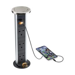 Knightsbridge SK9909BC 3 Gang Pop-up Socket IP54 USB A+C Dual Fast Charge Brushed Chrome
