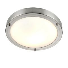 Saxby Portico E27 Flush Ceiling Light IP44 Satin Nickel/Frosted 300mm Dimmable