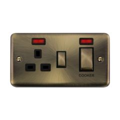 Click Deco Plus DPAB505BK 45A 2 Gang DP Switch With 13A DP Switched Socket Outlet & Neons Antique Brass