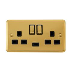 Click Deco Plus DPBR570BK 13A 2 Gang Switched Socket Outlet With Single 2.1A USB Outlet Polished Brass