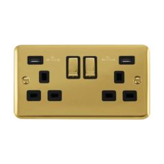 Click Deco Plus DPBR580BK 13A 2 Gang Switched Socket Outlet With Twin USB (Total 4.2A) Outlets Polished Brass
