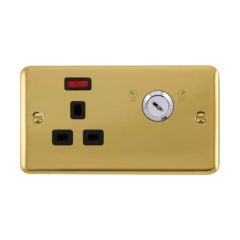 Click Deco Plus DPBR655BK 13A 1 Gang DP Key Lockable Switched Socket With Neon (Double Plate) Polished Brass