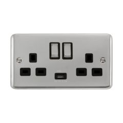 Click Deco Plus DPCH570BK 13A 2 Gang Switched Socket Outlet With Single 2.1A USB Outlet Chrome