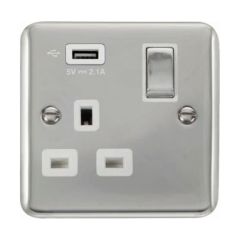 Click Deco Plus DPCH571UWH 13A 1 Gang Switched Socket Outlet With Single 2.1A USB Outlet Chrome