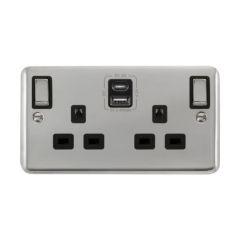 Click Deco Plus DPCH586BK 13A 2 Gang Switched Socket Outlet With Type A & C USB (4.2A) Outlets Chrome