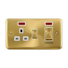 Click Deco Plus DPSB505WH 45A 2 Gang DP Switch With 13A DP Switched Socket Outlet & Neons Satin Brass