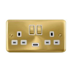 Click Deco Plus DPSB570WH 13A 2 Gang Switched Socket Outlet With Single 2.1A USB Outlet Satin Brass