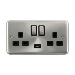 Click Deco Plus DPSC570BK 13A 2 Gang Switched Socket Outlet With Single 2.1A USB Outlet Satin Chrome