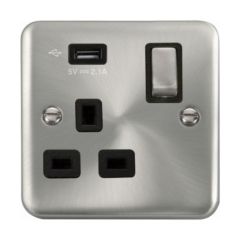 Click Deco Plus DPSC571UBK 13A 1 Gang Switched Socket Outlet With Single 2.1A USB Outlet Satin Chrome