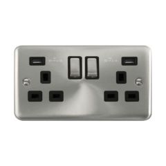 Click Deco Plus DPSC580BK 13A 2 Gang Switched Socket Outlet With Twin USB (Total 4.2A) Outlets Satin Chrome