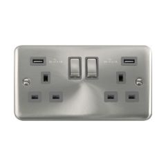 Click Deco Plus DPSC580GY 13A 2 Gang Switched Socket Outlet With Twin USB (Total 4.2A) Outlets Satin Chrome