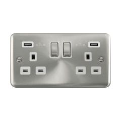 Click Deco Plus DPSC580WH 13A 2 Gang Switched Socket Outlet With Twin USB (Total 4.2A) Outlets Satin Chrome