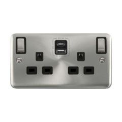 Click Deco Plus DPSC586BK 13A 2 Gang Switched Socket Outlet With Type A & C USB (4.2A) Outlets Satin Chrome