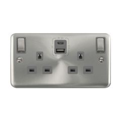 Click Deco Plus DPSC586GY 13A 2 Gang Switched Socket Outlet With Type A & C USB (4.2A) Outlets Satin Chrome