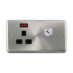 Click Deco Plus DPSC655BK 13A 1 Gang DP Key Lockable Switched Socket With Neon (Double Plate) Satin Chrome