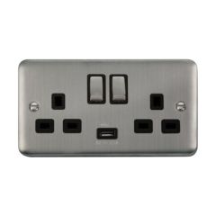 Click Deco Plus DPSS570BK 13A 2 Gang Switched Socket Outlet With Single 2.1A USB Outlet Stainless Steel