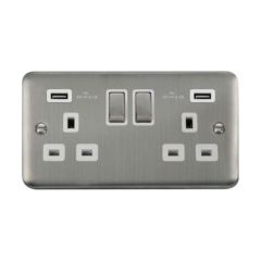 Click Deco Plus DPSS580WH 13A 2 Gang Switched Socket Outlet With Twin USB (Total 4.2A) Outlets Stainless Steel
