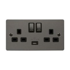 Click Define FPBN570BK 13A 2 Gang Switched Socket Outlet With Single 2.1A USB Outlet Black Nickel