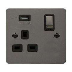 Click Define FPBN571UBK 13A 1 Gang Switched Socket Outlet With Single 2.1A USB Outlet Black Nickel