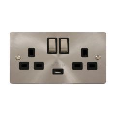 Click Define FPBS570BK 13A 2 Gang Switched Socket Outlet With Single 2.1A USB Outlet Brushed Stainless