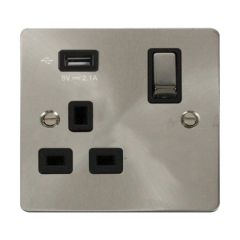 Click Define FPBS571UBK 13A 1 Gang Switched Socket Outlet With Single 2.1A USB Outlet Brushed Stainless
