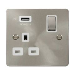 Click Define FPBS571UWH 13A 1 Gang Switched Socket Outlet With Single 2.1A USB Outlet Brushed Stainless